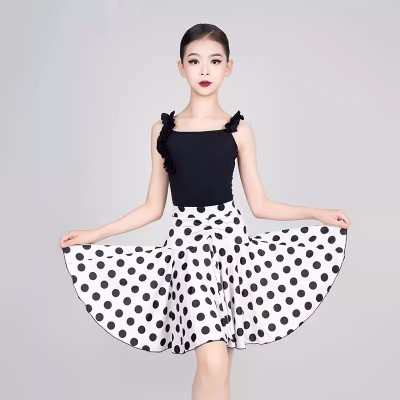 Girls kids white with black polka dot latin ballroom dance dresses tango salsa rumba chacha modern dance skirts for children